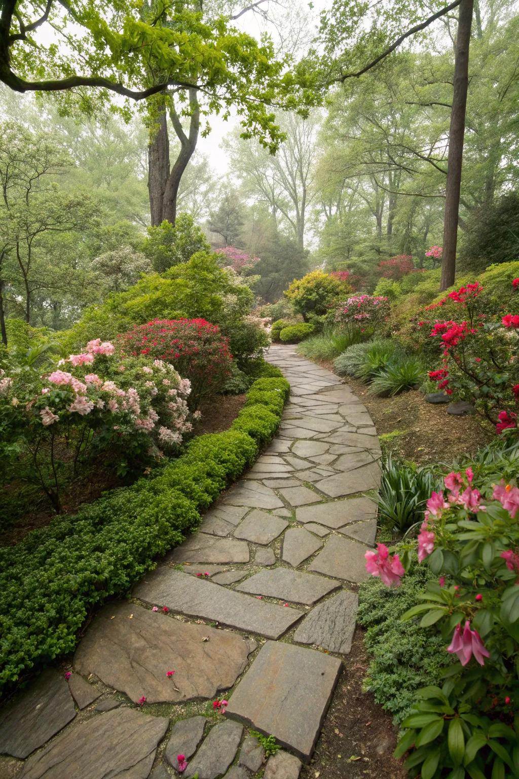 An elegant stone pathway gracefully meanders through a verdant backyard.