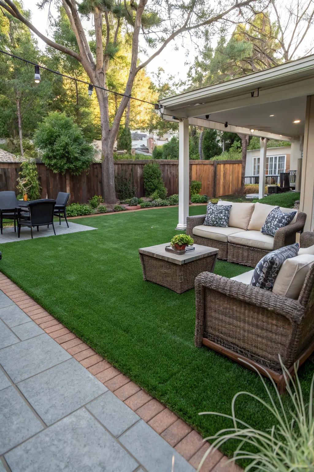 A patio area that perfectly flows into the artificial turf.