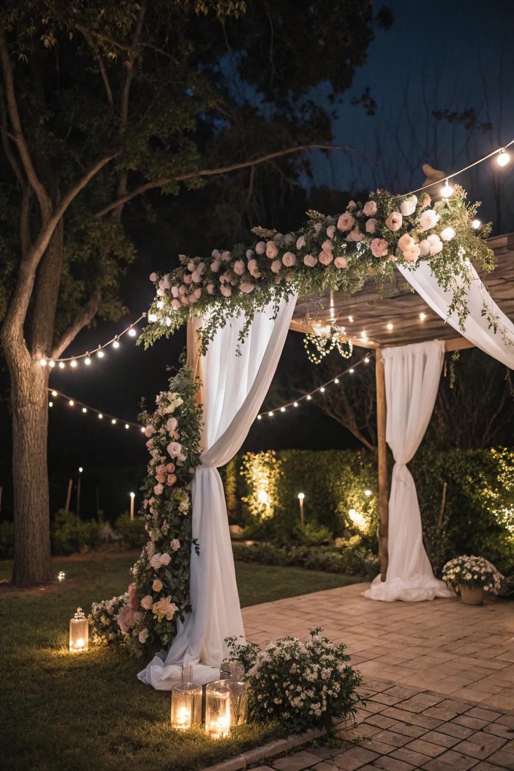 Twinkle lights fashion a sentimental canopy for a backyard wedding held beneath the night stars.