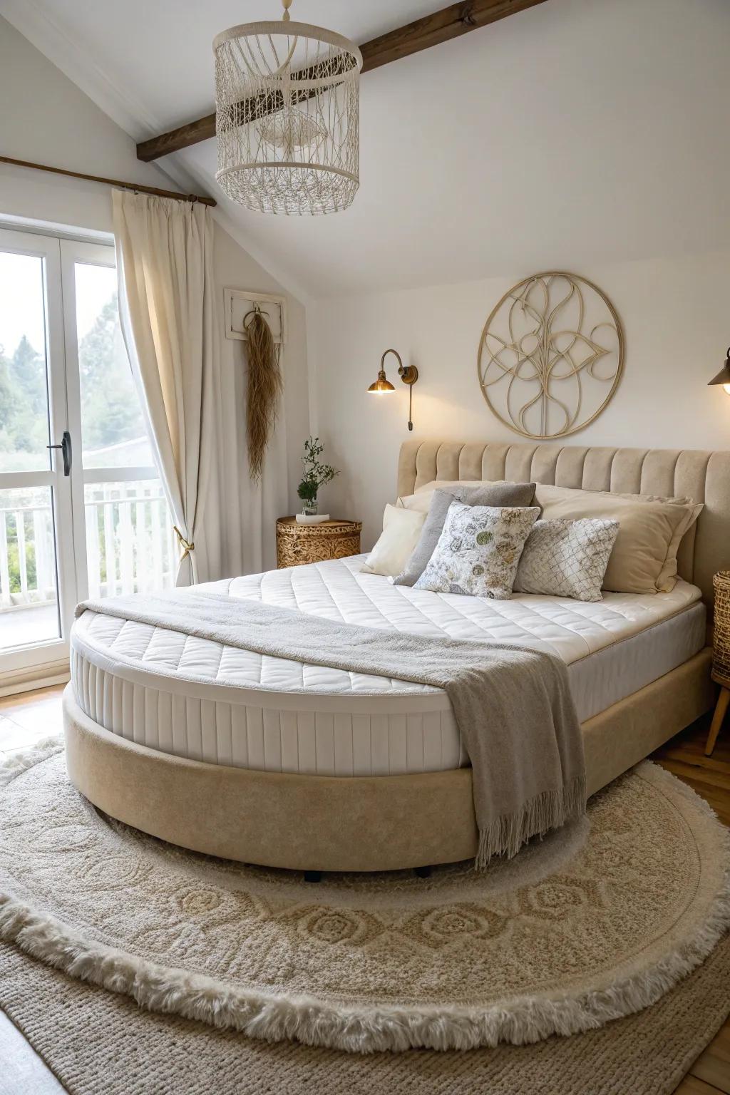 A bedroom displaying a circular bed frame, where a rectangular mattress looks out of place.