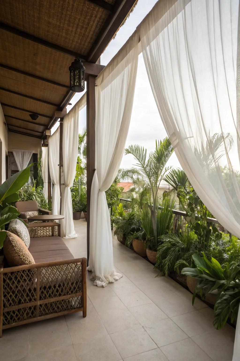 Establish a peaceful ambiance with light fabric drapes.