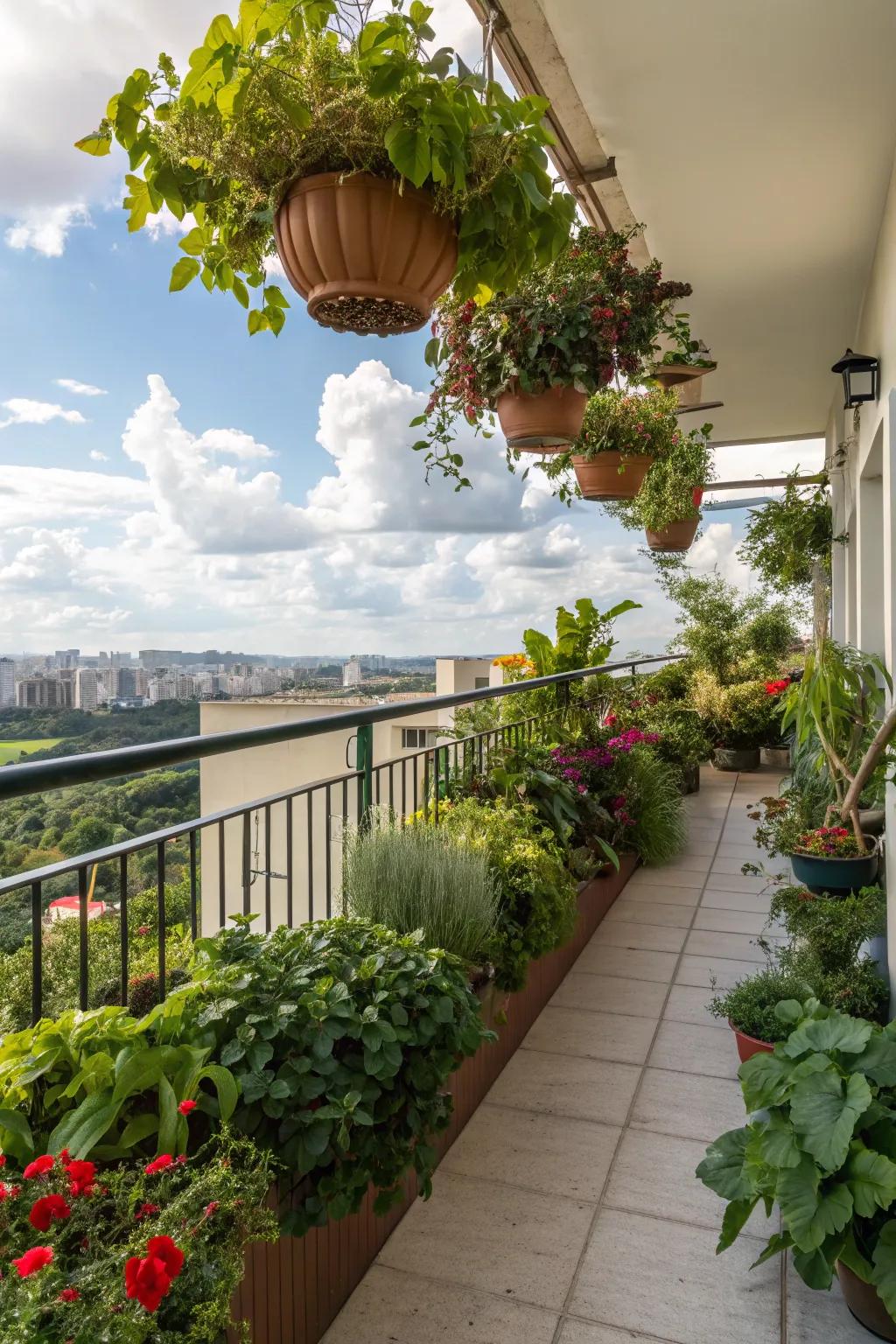Transform your balcony into a verdant escape with a diverse selection of potted and hanging plants.