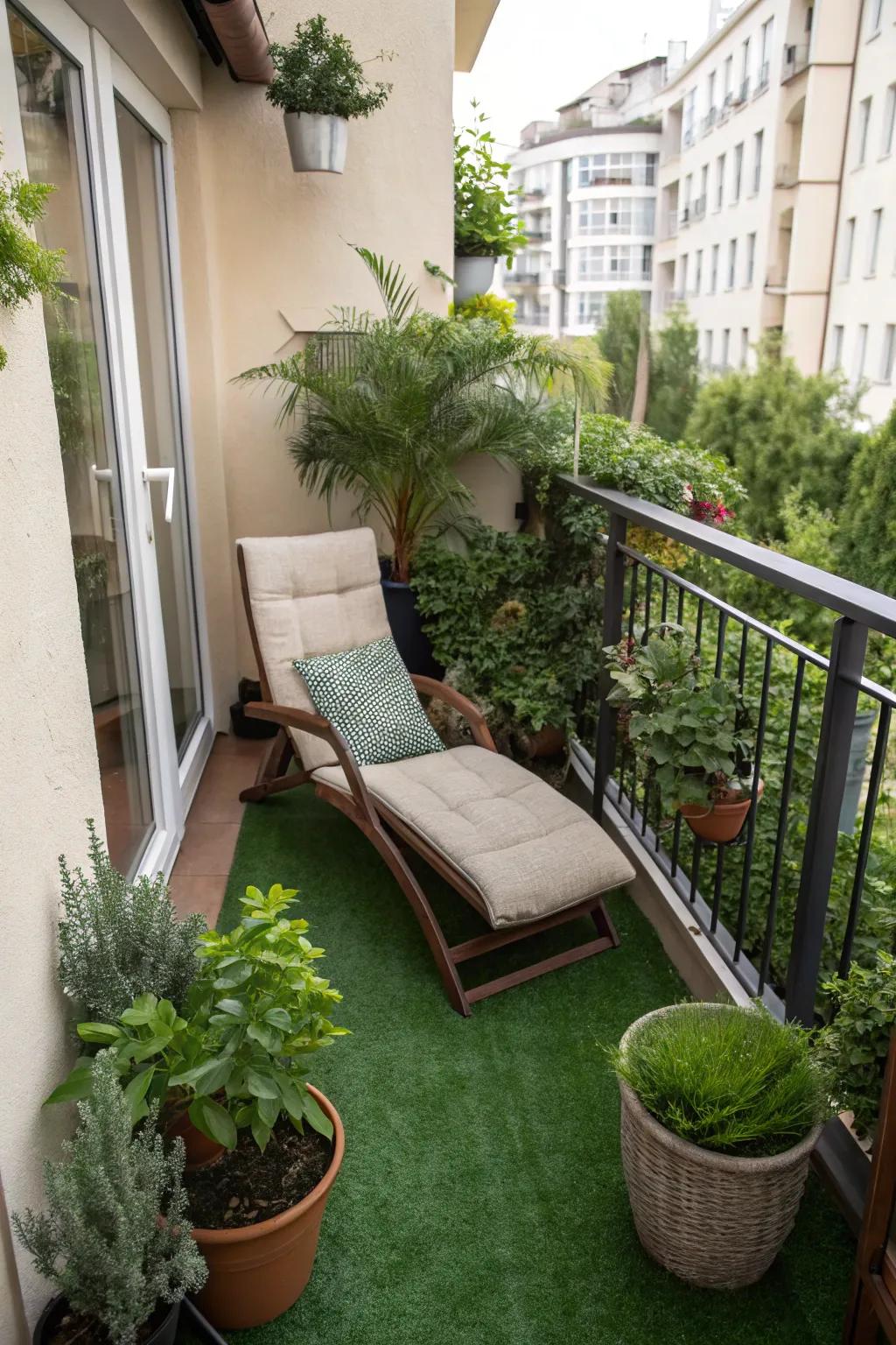 Soft and welcoming, synthetic turf brings a bit of nature to your balcony without any of the work.