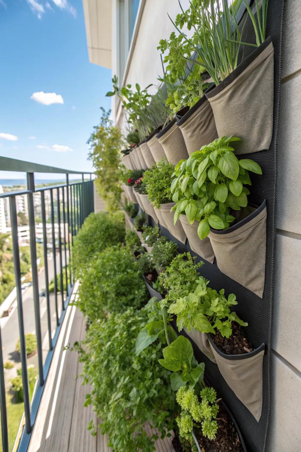 A vertical herb wall enhances space and brings lush greenery to your balcony.