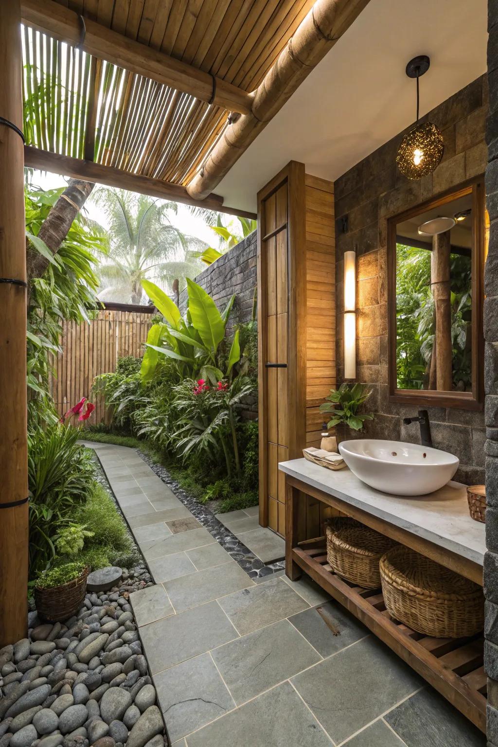 Natural materials such as bamboo and stone foster an earthy, tranquil ambiance.