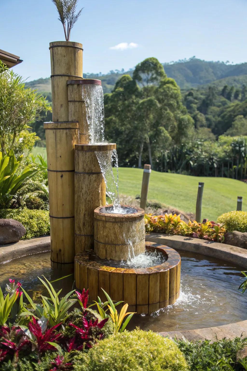 A multi-tiered bamboo fountain featuring cascading water, set beautifully within a garden.