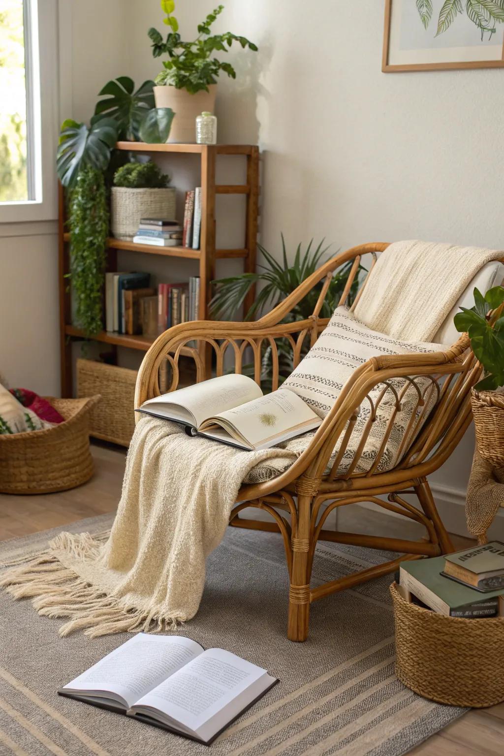 Bamboo statement seating in a reading nook
