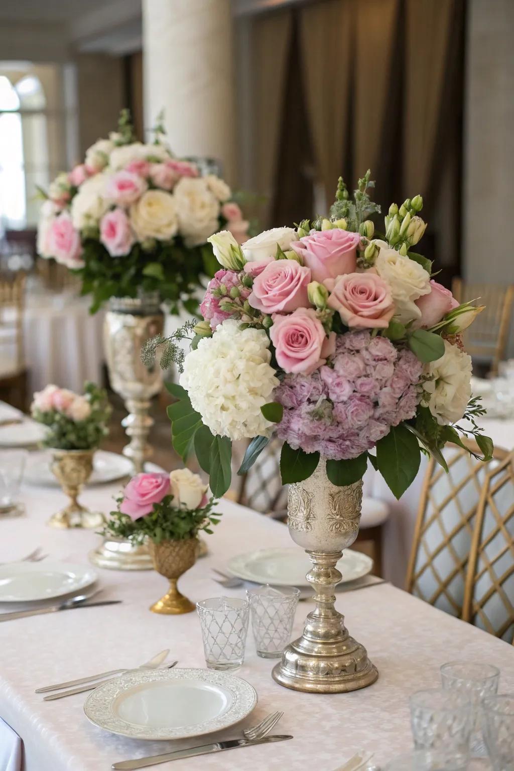 A traditional floral centerpiece showcasing roses and hydrangeas.