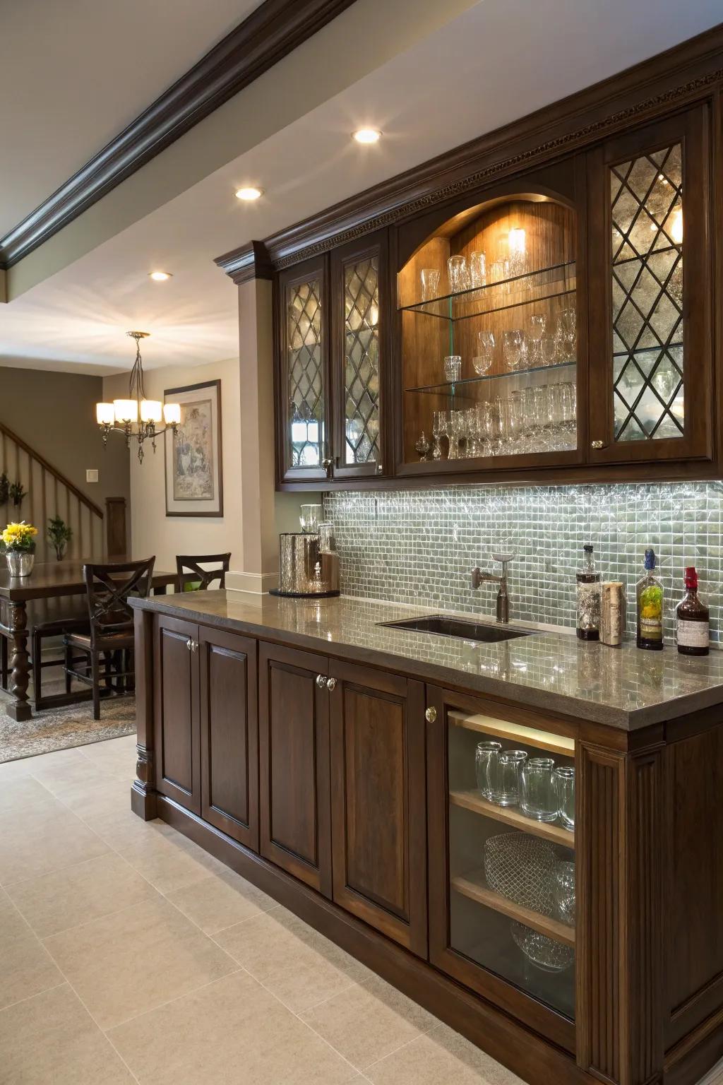 An elegant home bar showcasing a gleaming crystal tile backsplash.