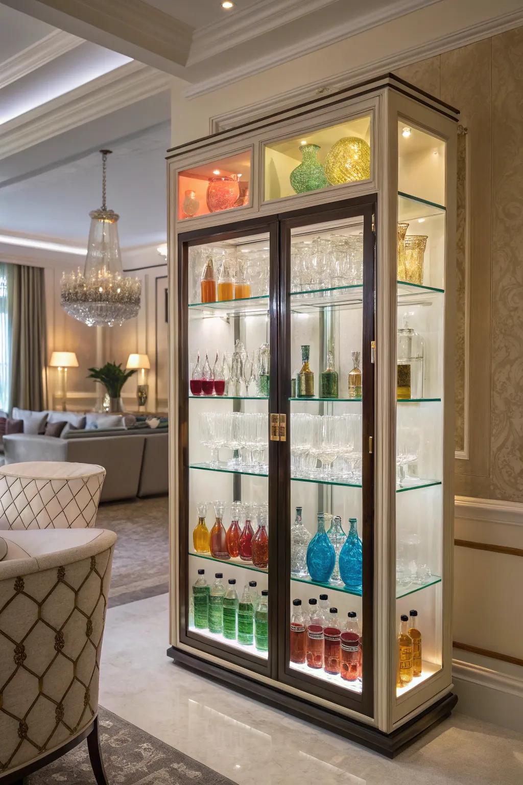 An exquisite display of glassware showcased in an elegant bar cabinet.