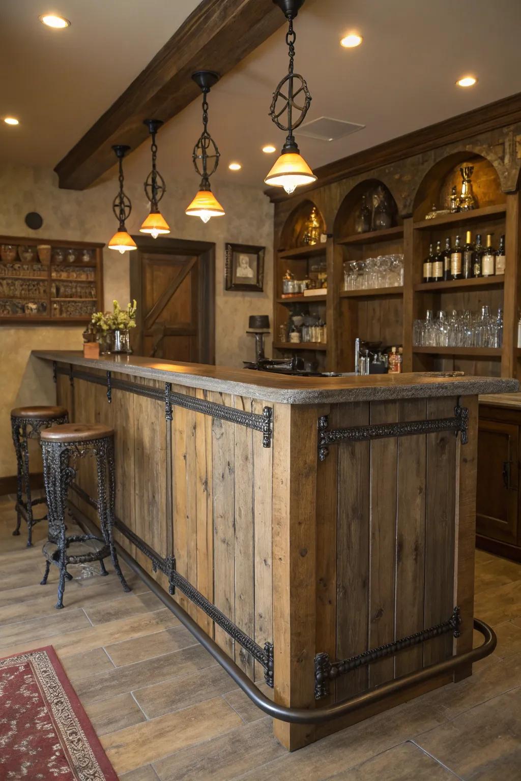 A warm bar ambiance created by a rustic foot rail blending wood and iron.