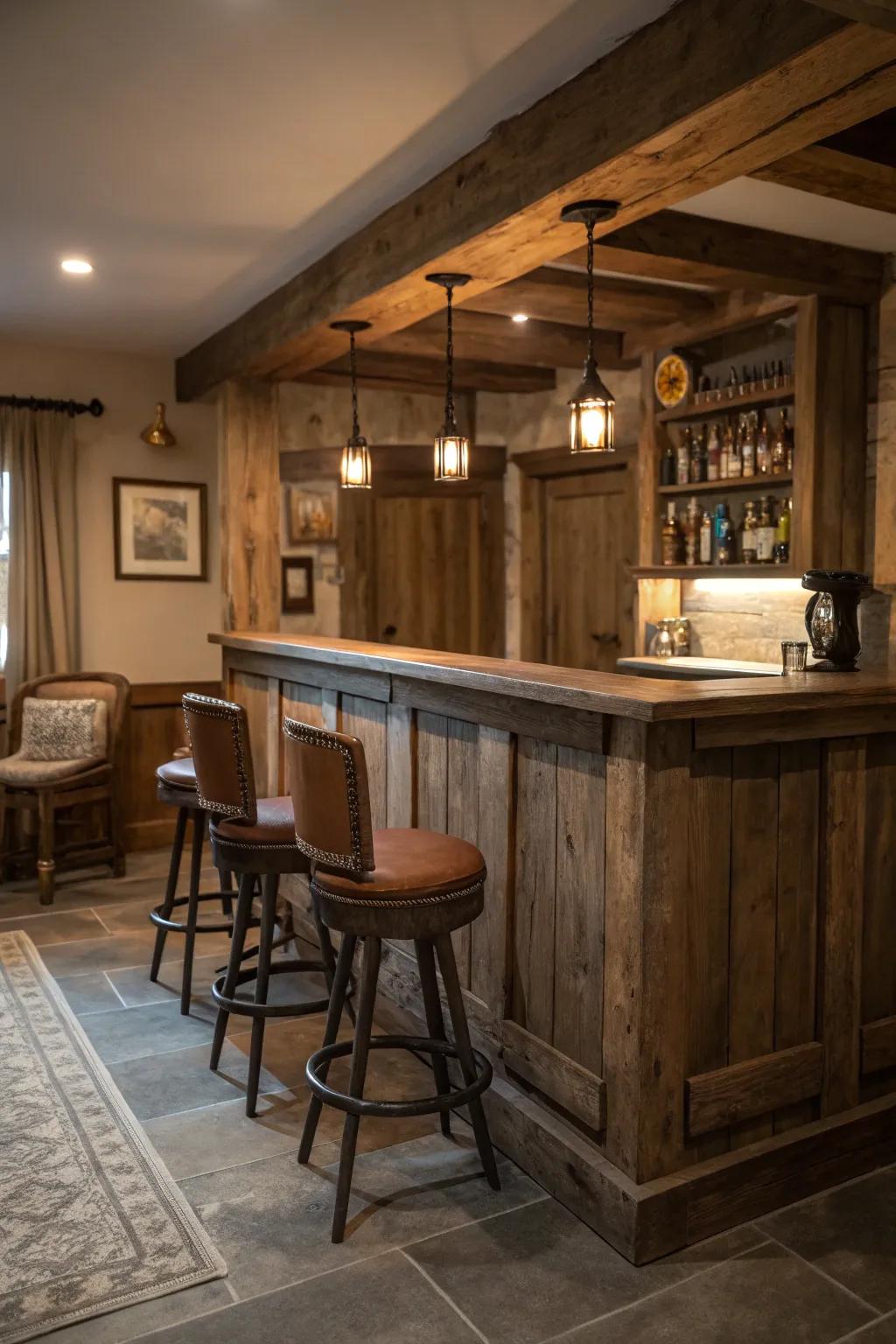 An inviting rustic wood bar enhanced with vintage accents.