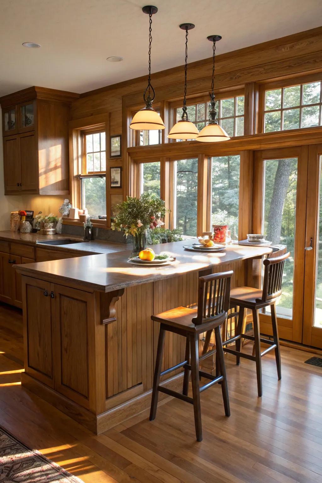 An island that serves perfectly as a warm breakfast nook.