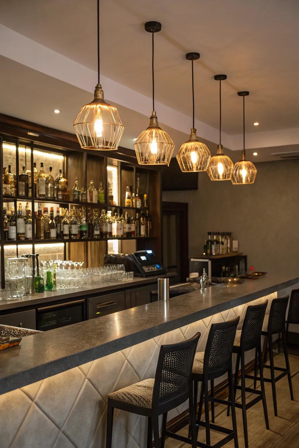 Pendant lights positioned above the bar introduce a cozy and stylish element.