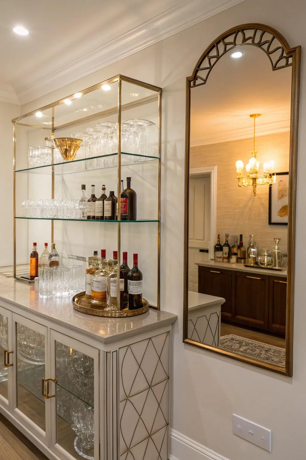 Glass shelves positioned against a mirrored surface for a sharp and sophisticated home bar.