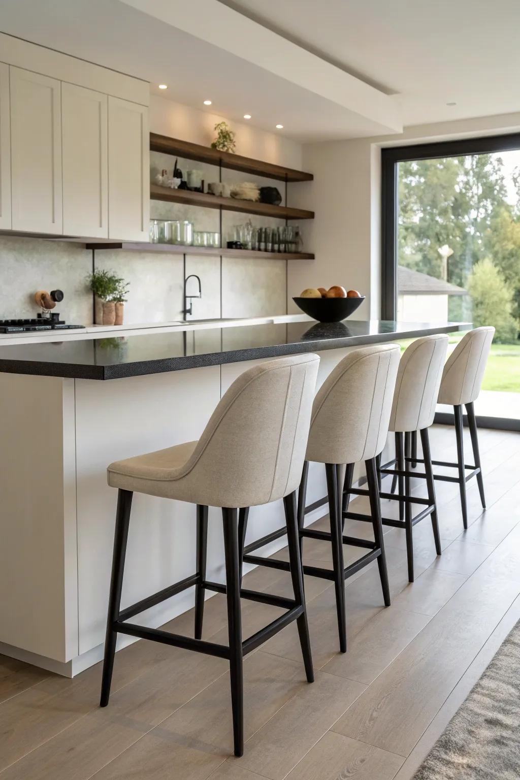 Refined modern bar stools featuring backs for a minimalist atmosphere.