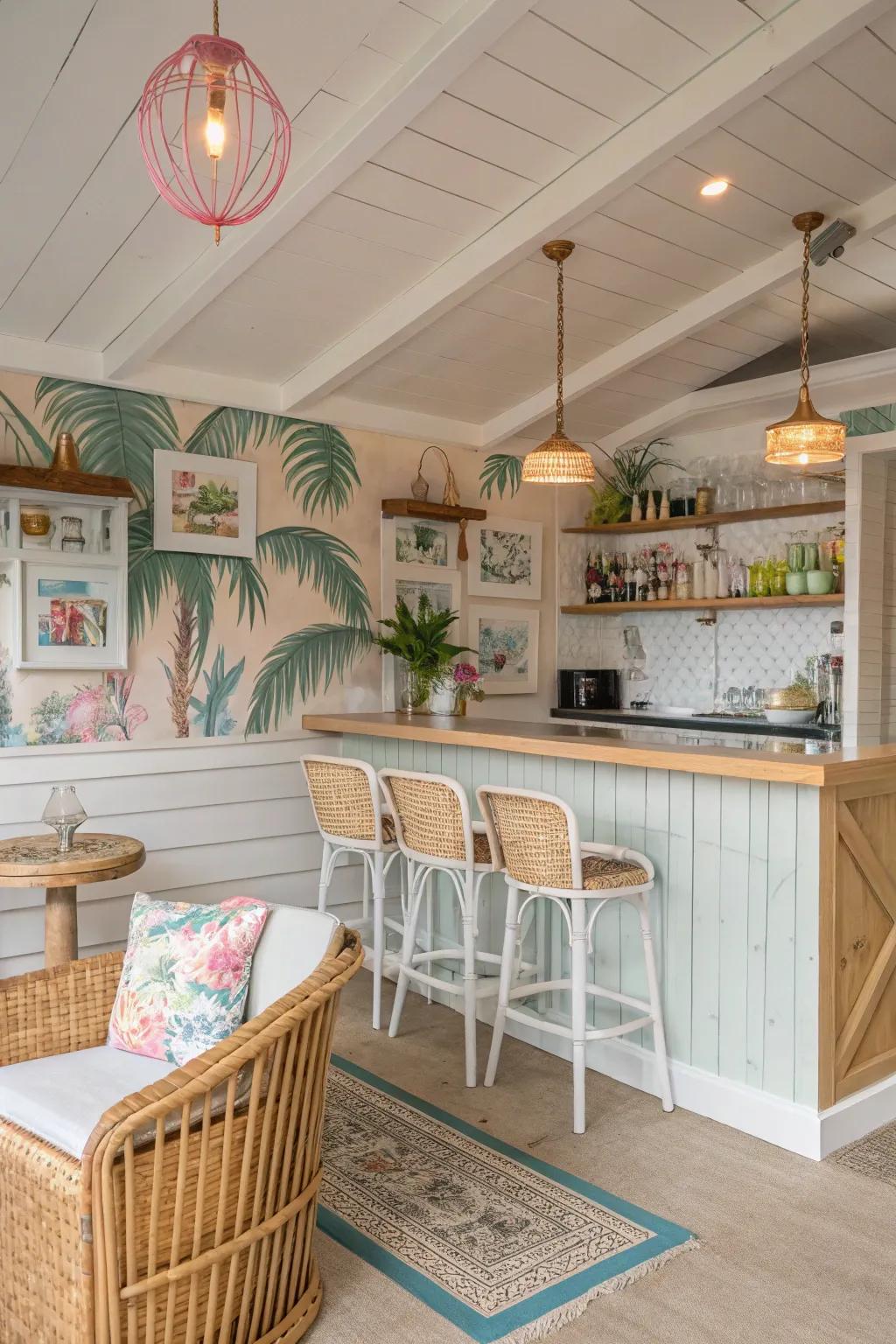 Design a coastal paradise getaway with gentle hues and cane features.