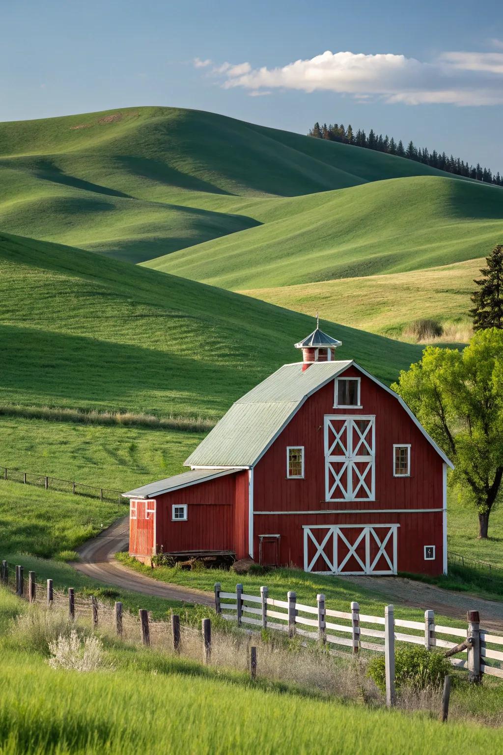 A quintessential red barn with white trim, perfectly integrated into its natural backdrop.