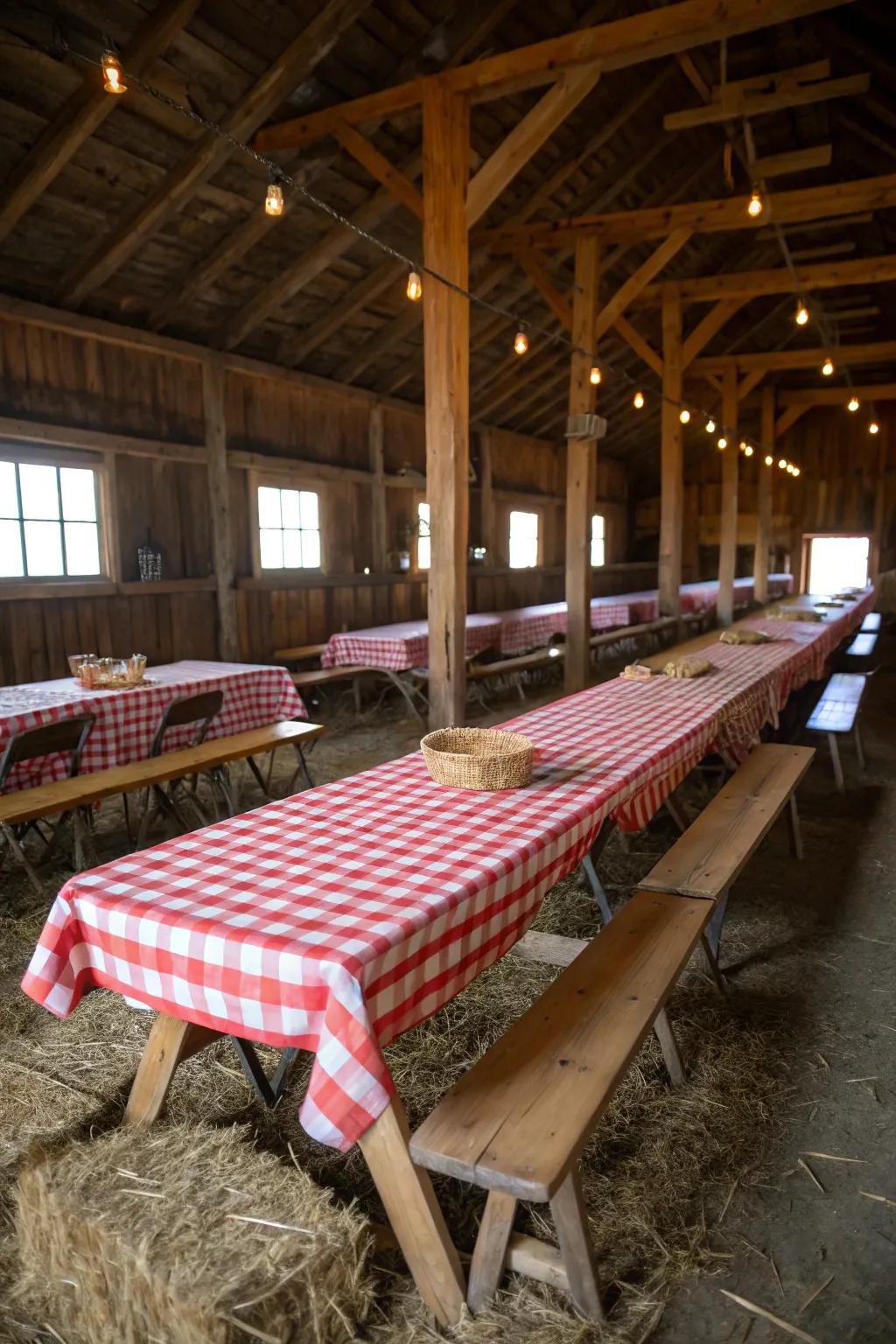 Gingham tablecloths infuse a charming rustic flair into any barn gathering.