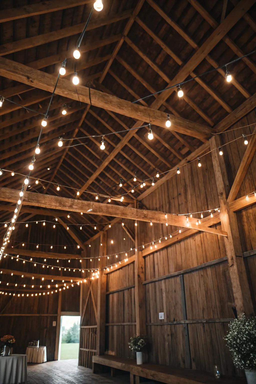 Twinkle lights impart a cozy radiance to barn interiors.
