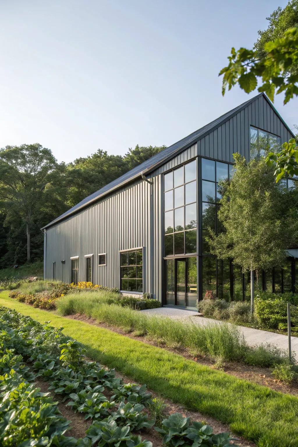 A modern barn showcasing striking architecture and minimalist aesthetics.