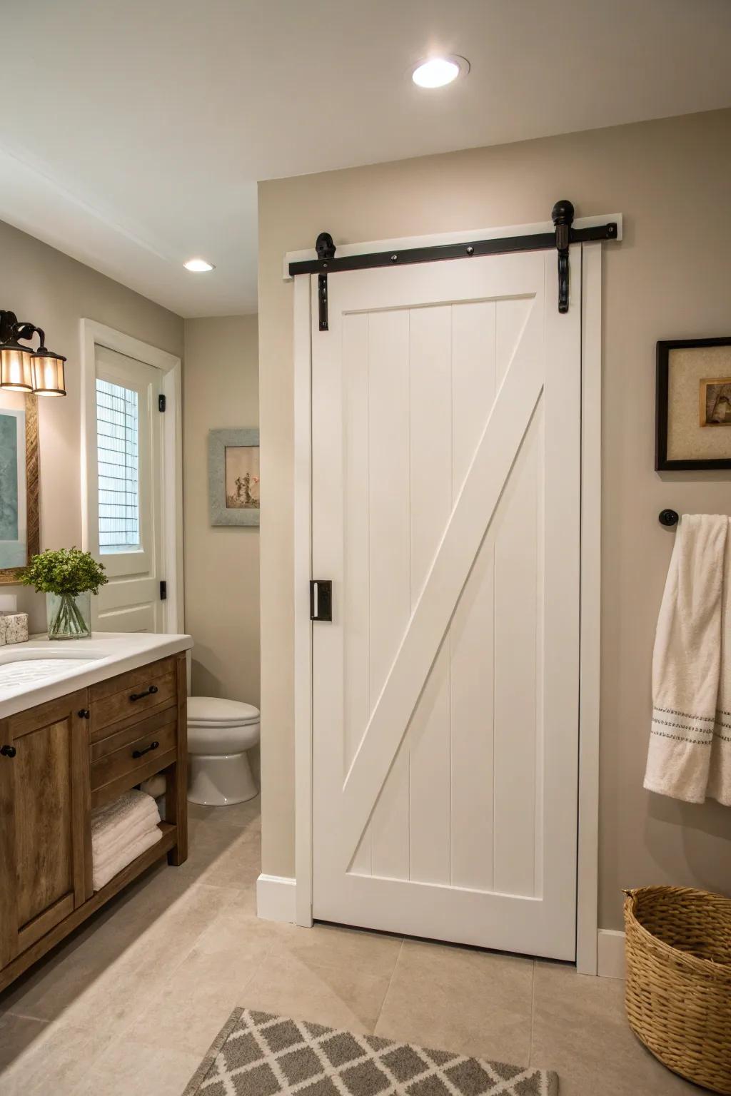 Timeless white barn door amplifies the perception of space in a snug bathroom.