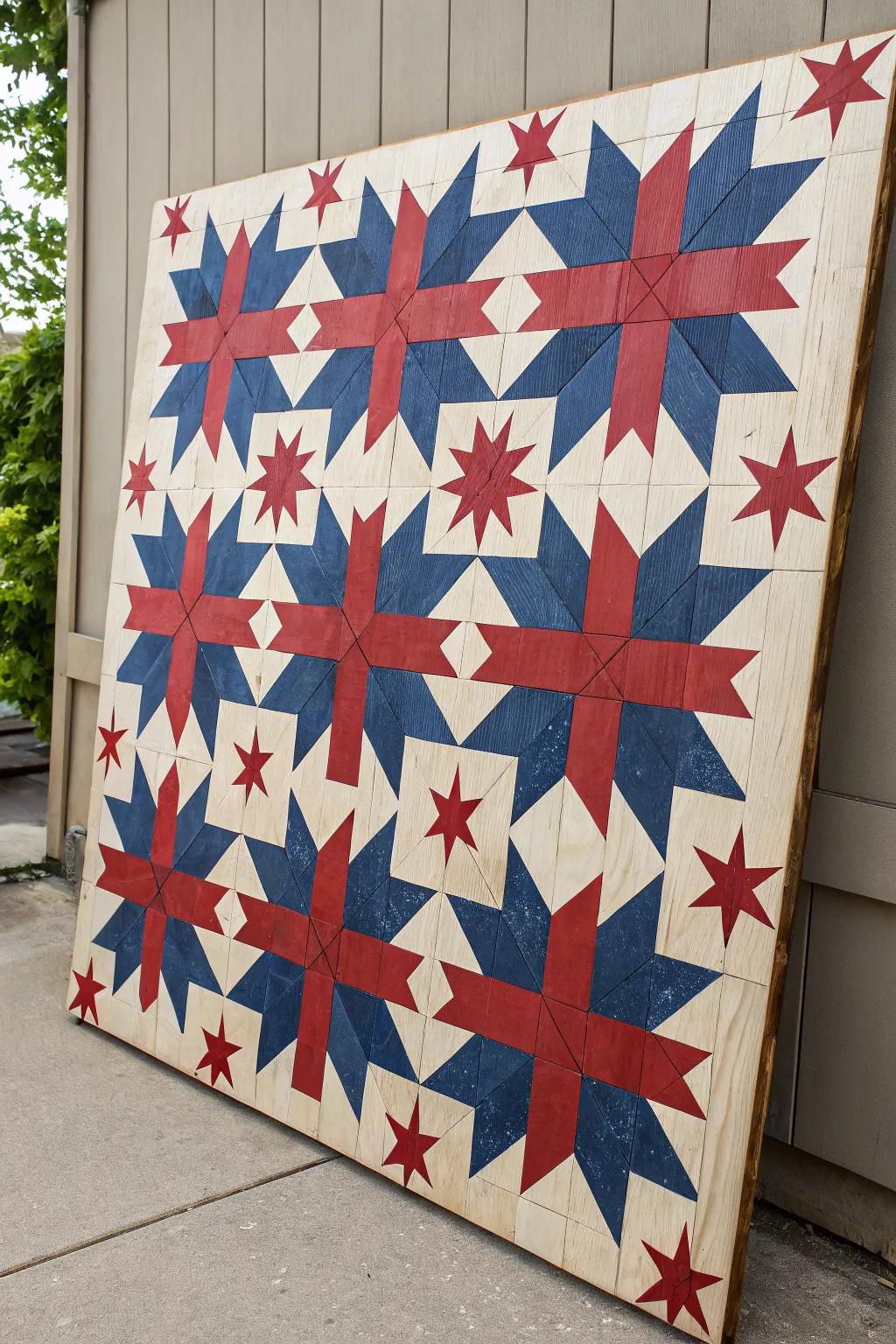 Classic star quilt pattern showcased on wood.