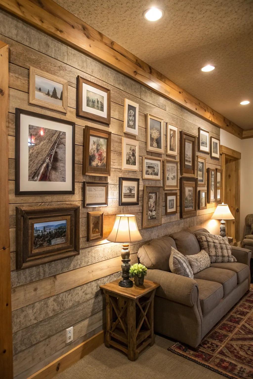A country-style photo display showcasing assorted repurposed wood-look frames.