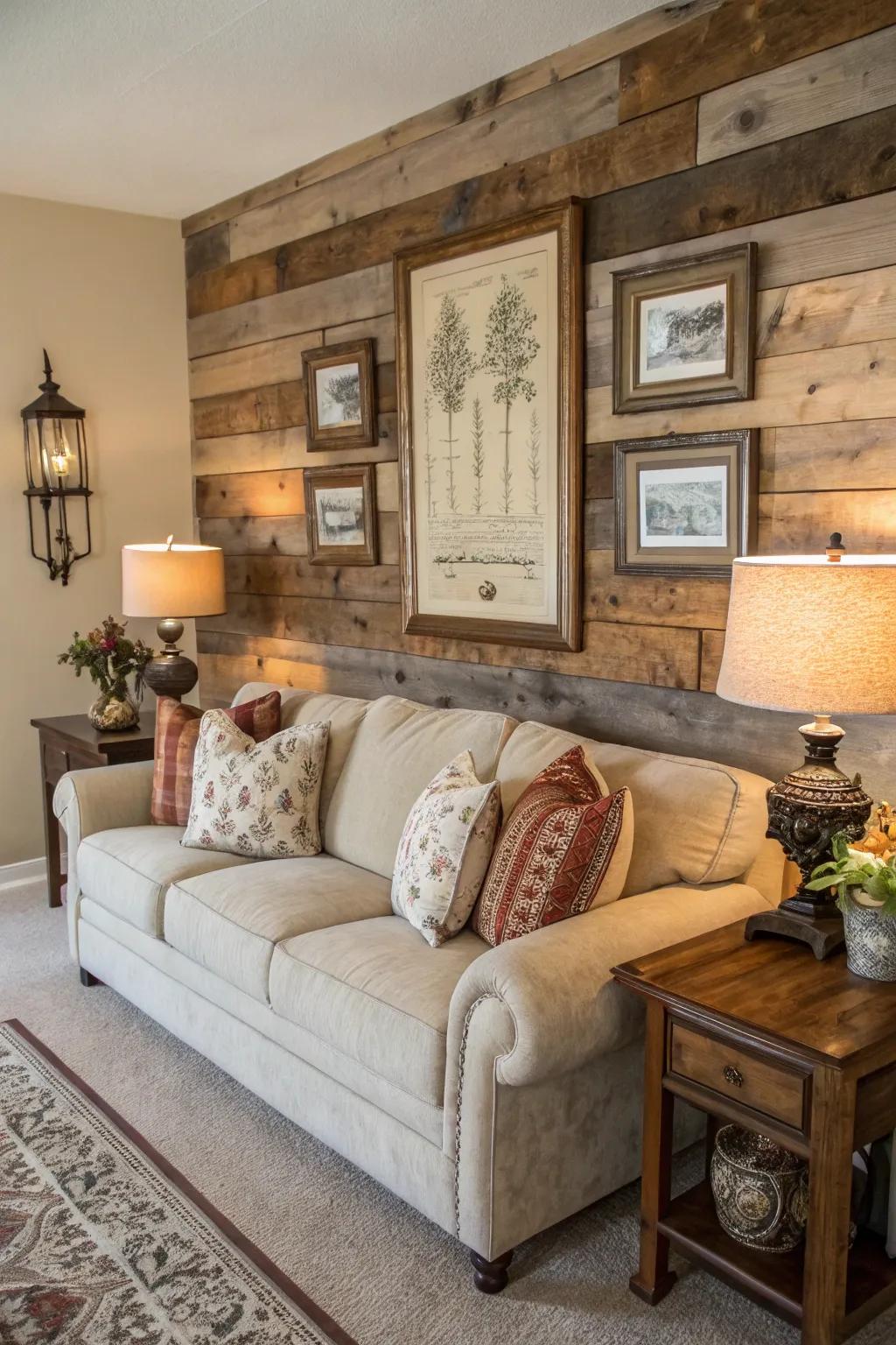 Wood plank cladding establishing a snug ambiance in a lounge.