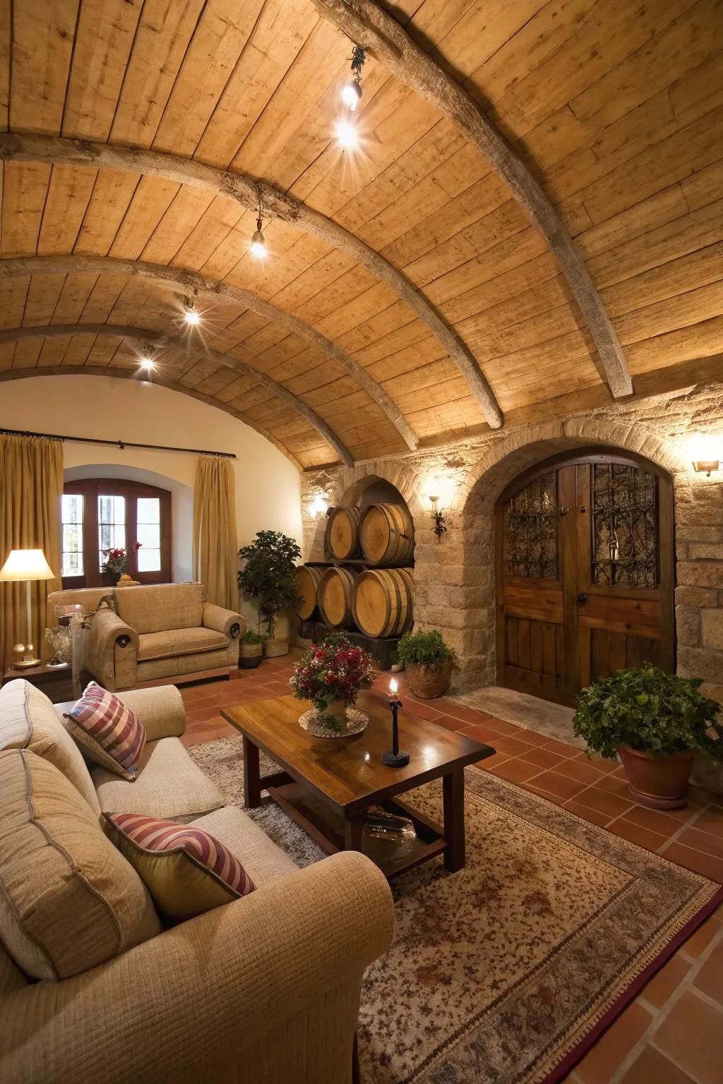 A welcoming living room showcasing a wooden arched ceiling, radiating warmth.