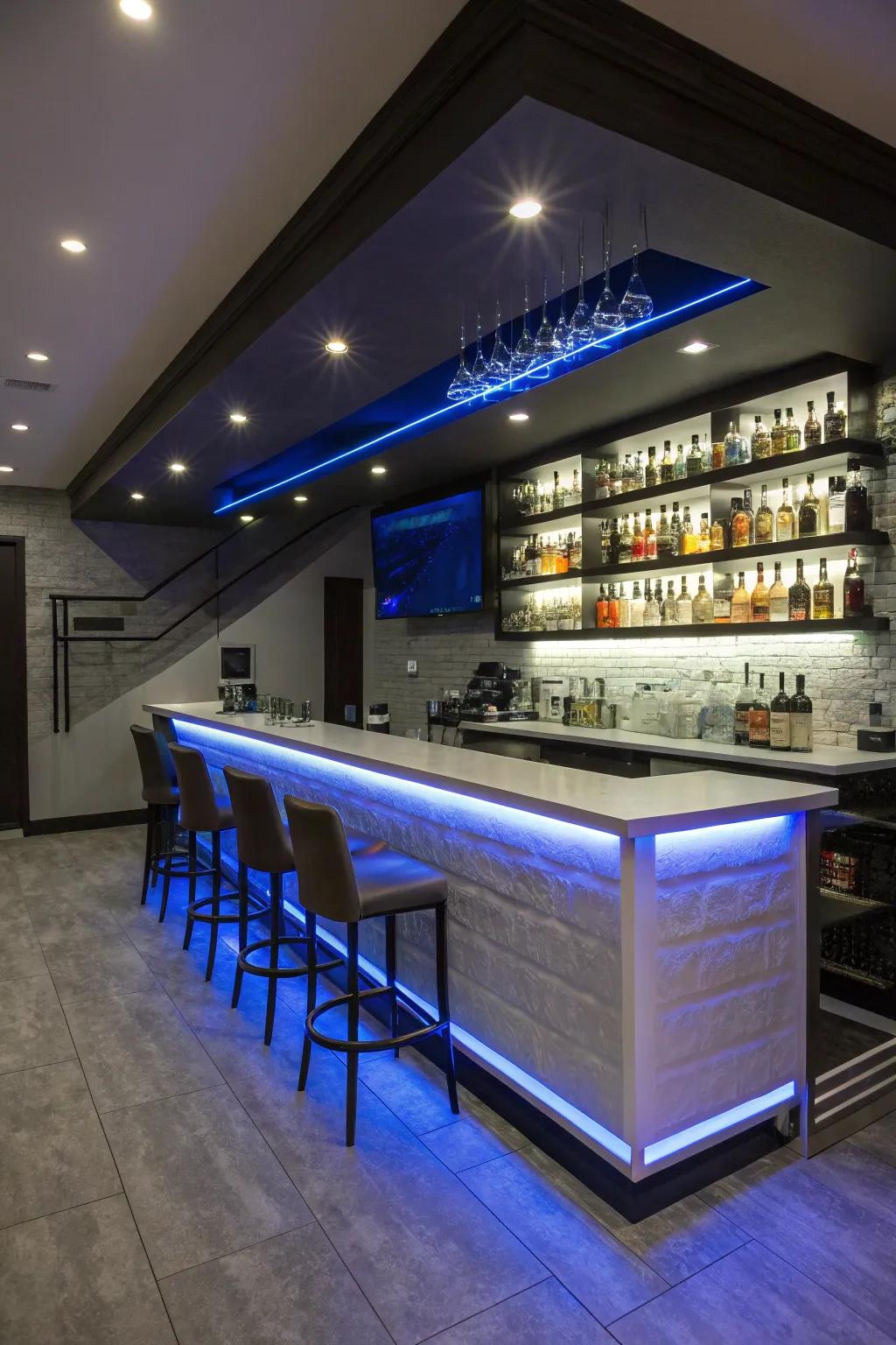 LED bands introduce a modern feel to your basement bar.