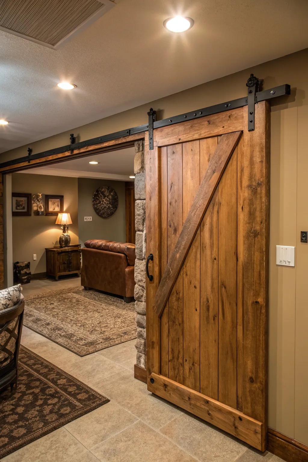 A sliding barn door with a rustic design adds charm and maximizes space in the basement.