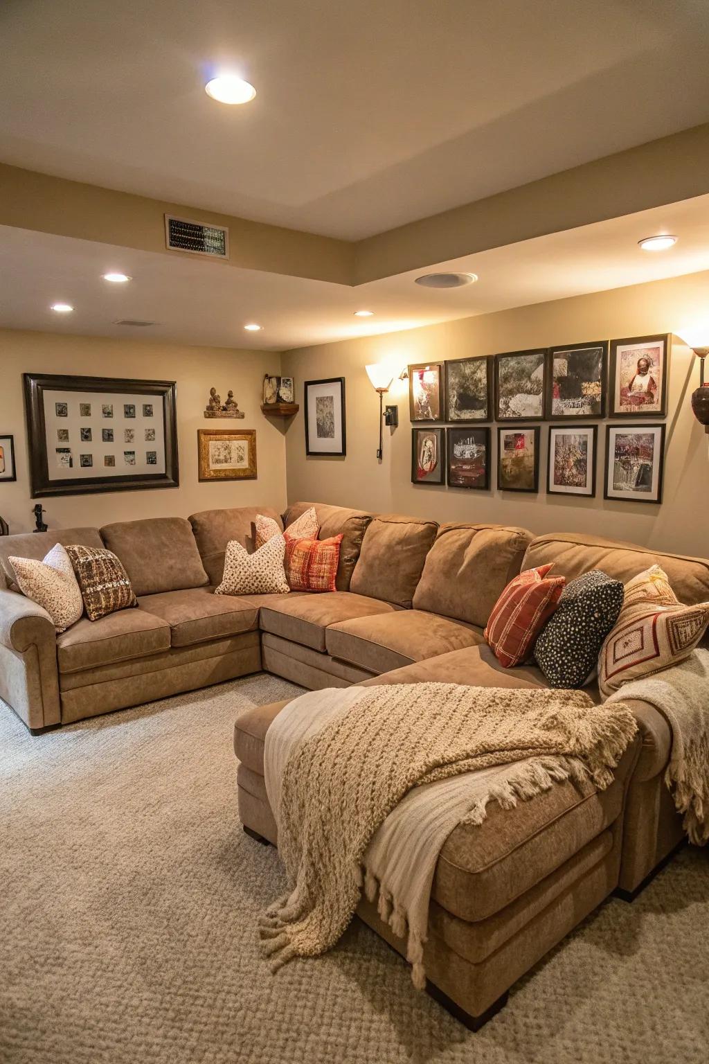 A modular sofa establishes this welcoming basement family area.