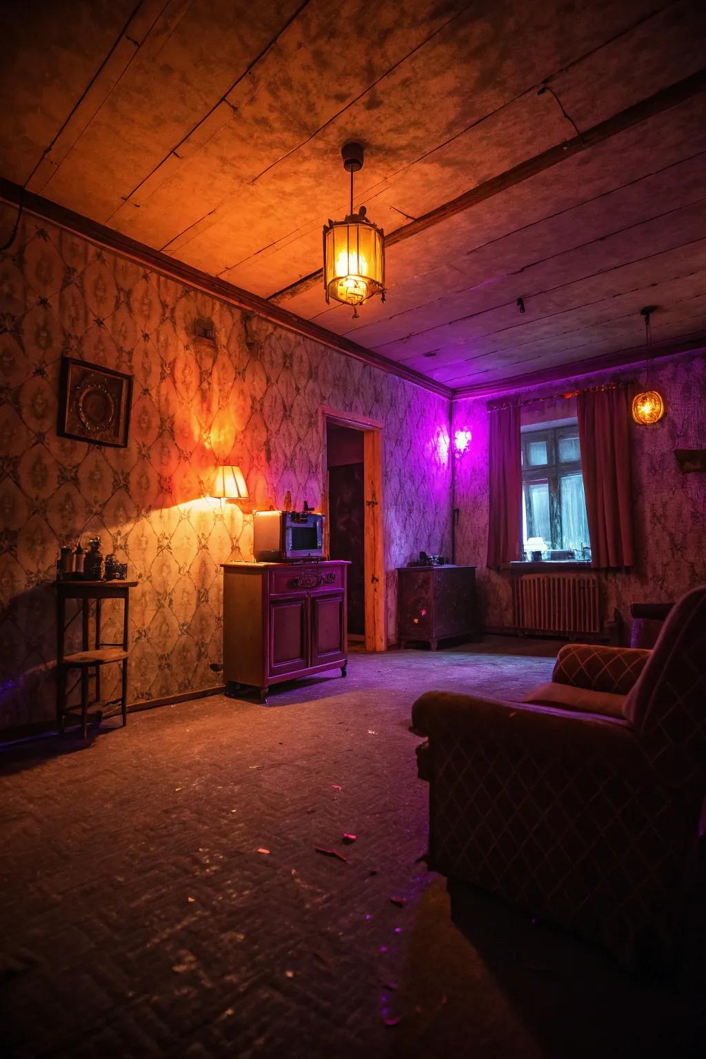 Establish a haunted atmosphere with thoughtfully placed colored lights.