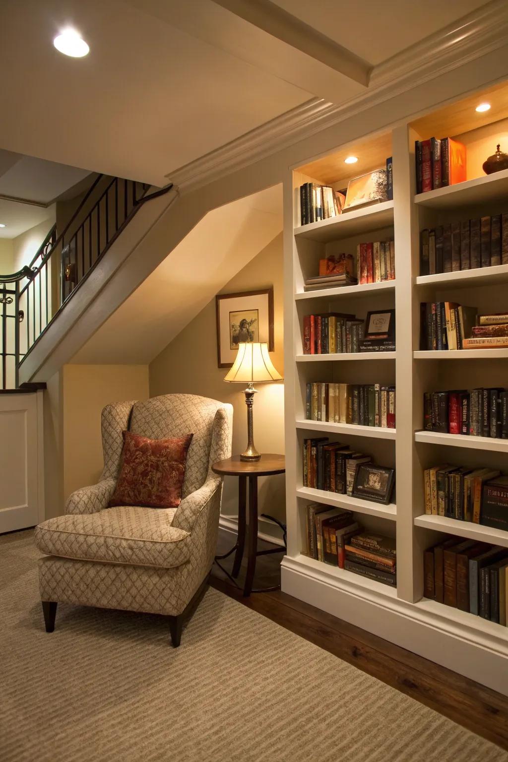 A comfortable reading space in a basement with integrated bookshelves and gentle illumination.