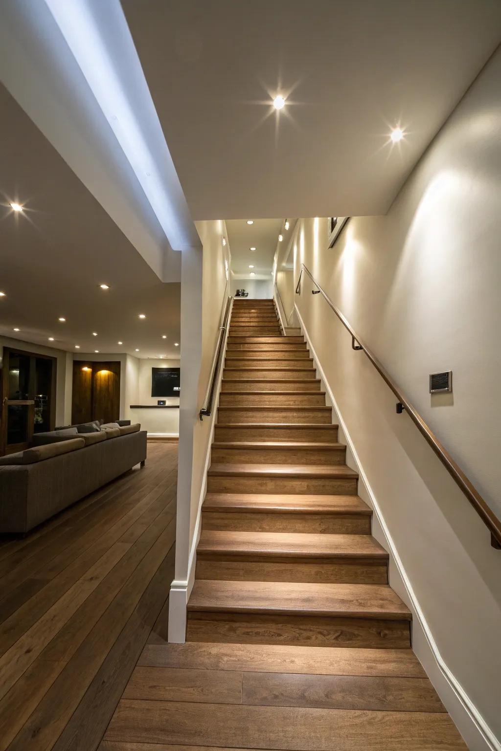Update your basement stairs with concealed illumination.