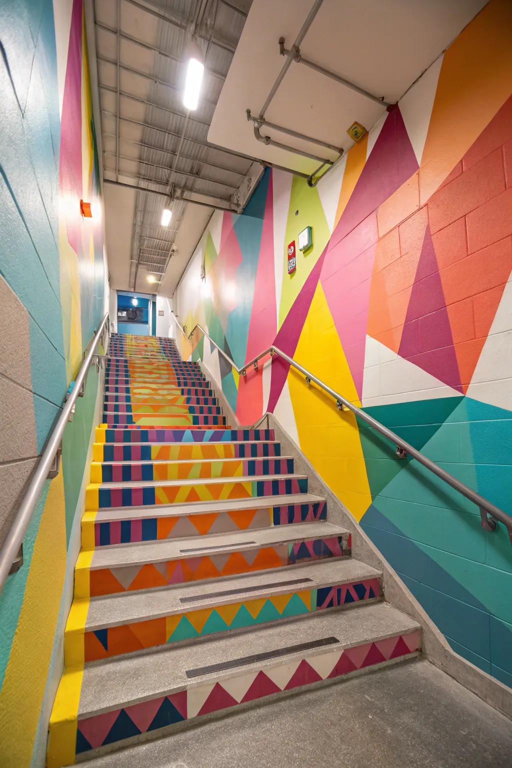 Colorful painted stairs bring a lively touch to the basement.