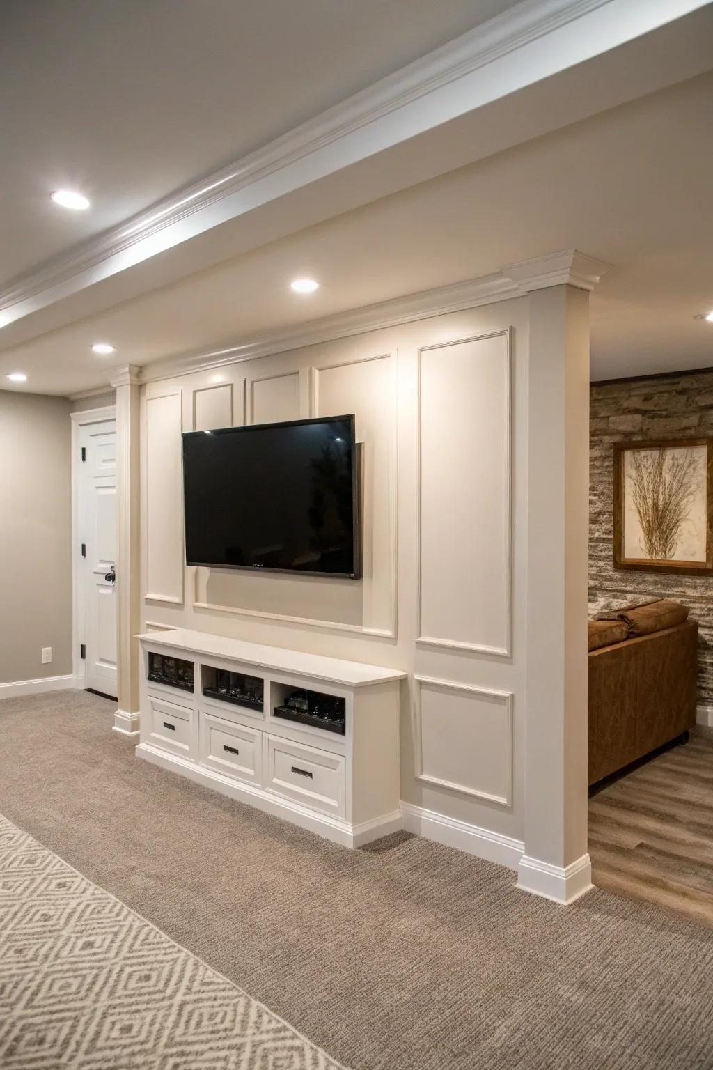 A minimalistic basement TV wall showcasing a polished, wall-mounted television accompanied by understated decorative accents.