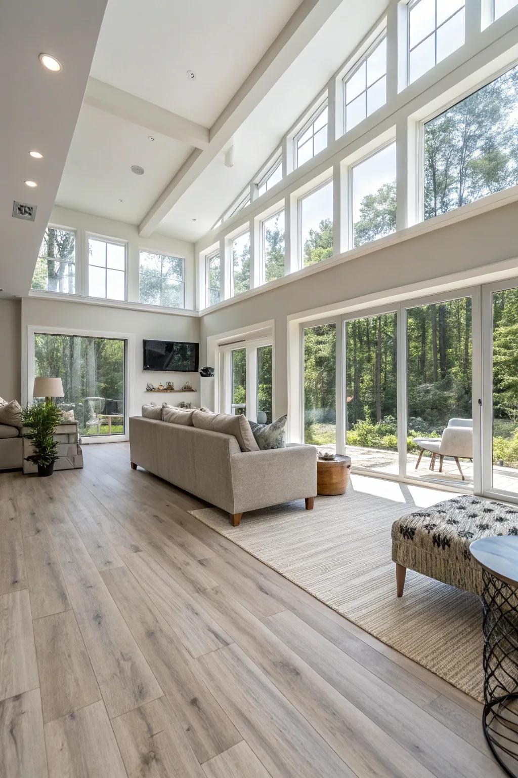 Light wood-look vinyl flooring expands your basement area.
