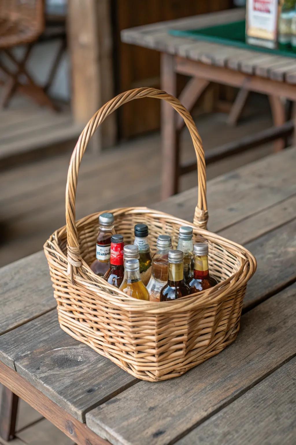 A lovely woven basket displaying a range of miniature spirit bottles.