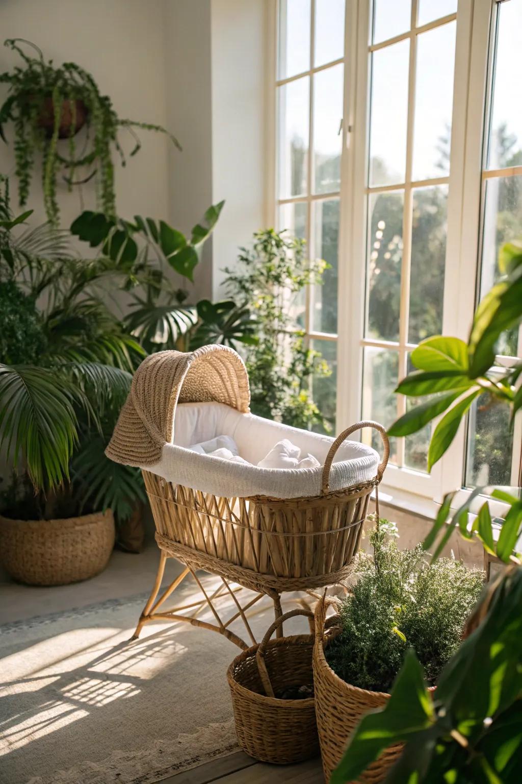 An enchanting woven fiber bassinet brings a hint of the natural world inside.