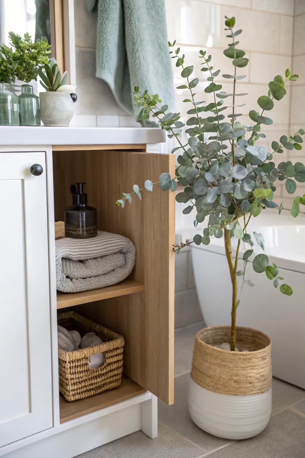 A dash of greenery infuses your bathroom cabinet with life.