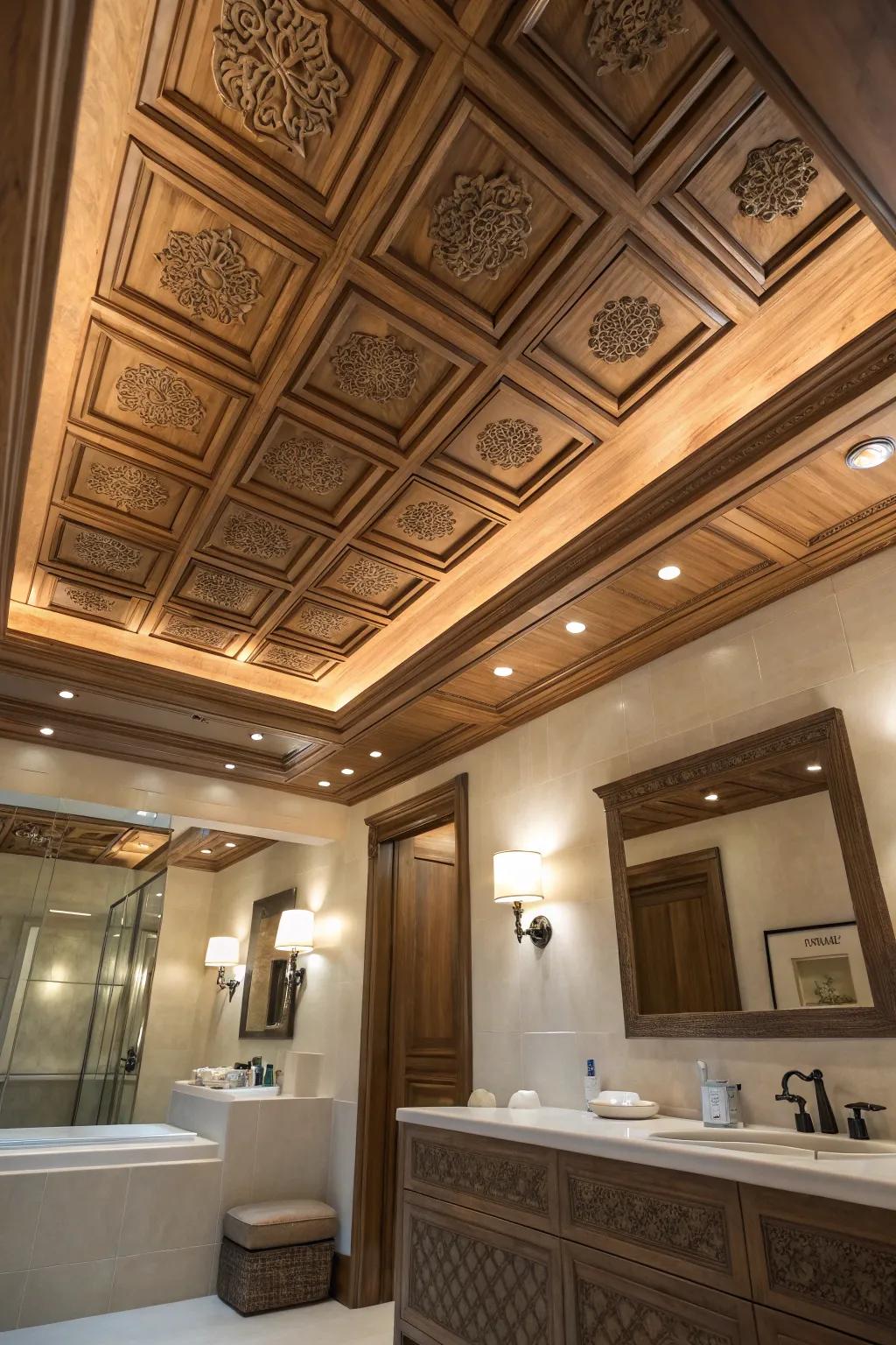 The ageless allure of a coffered ceiling enriches any bathroom with depth and refinement.