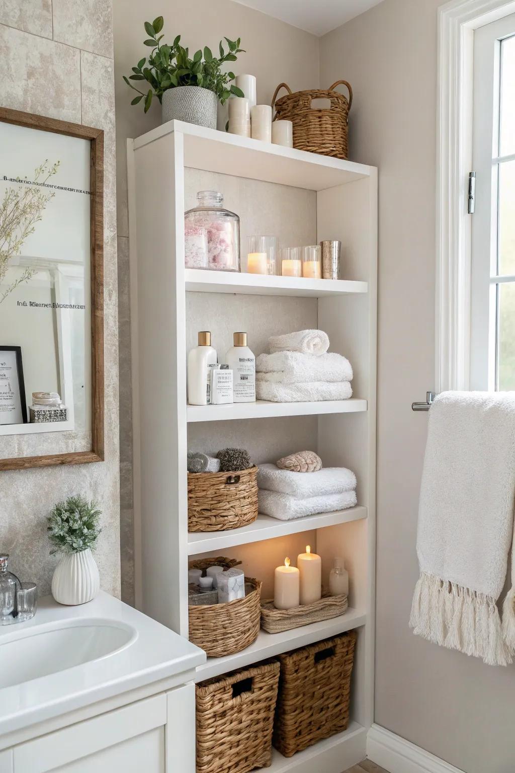 Accessible shelving transforms your bathroom must-haves into a sophisticated presentation.