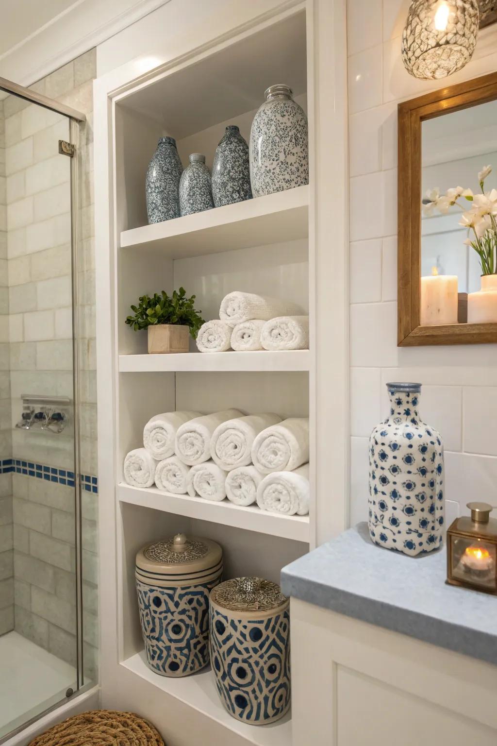Open shelving displaying carefully rolled towels and elegant decorative pieces.