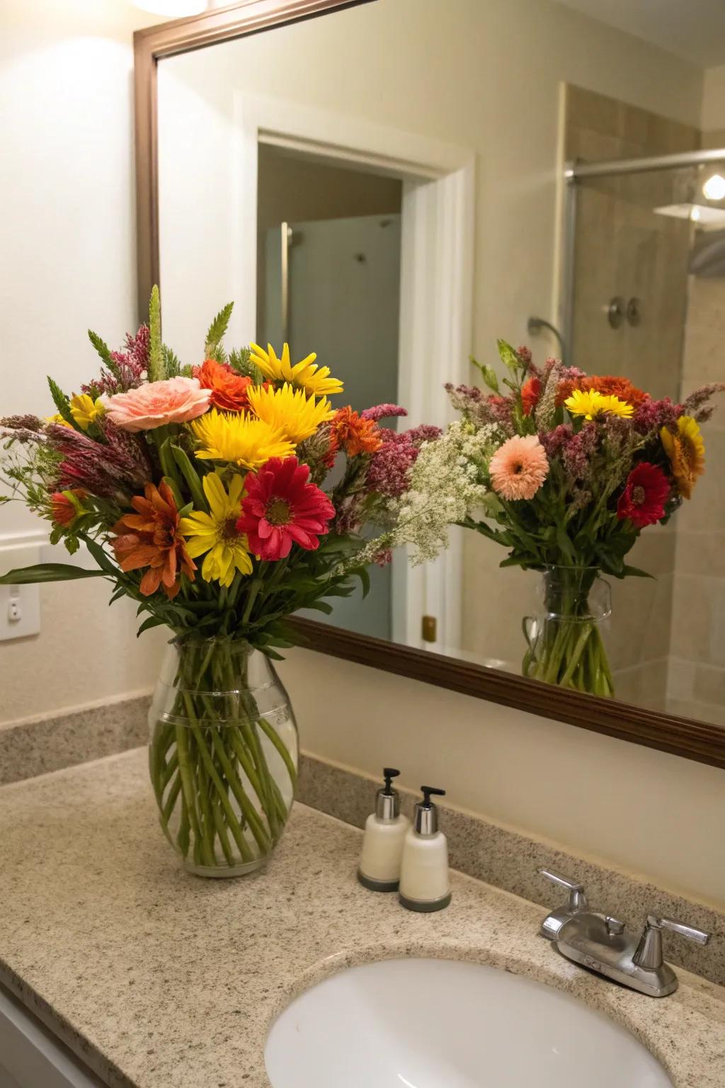 Start your day with an energizing floral display on the bathroom counter.
