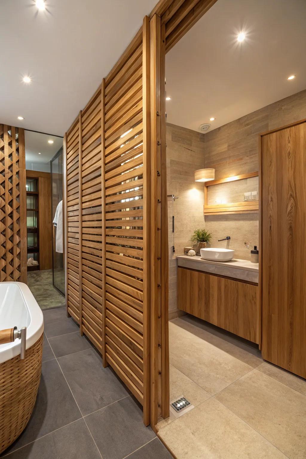 Warm wooden slats contribute a natural element to bathroom designs.