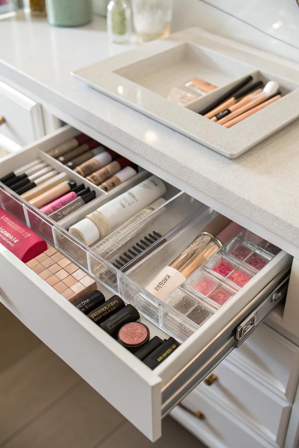 Transparent dividers give an excellent view of all your bathroom essentials.