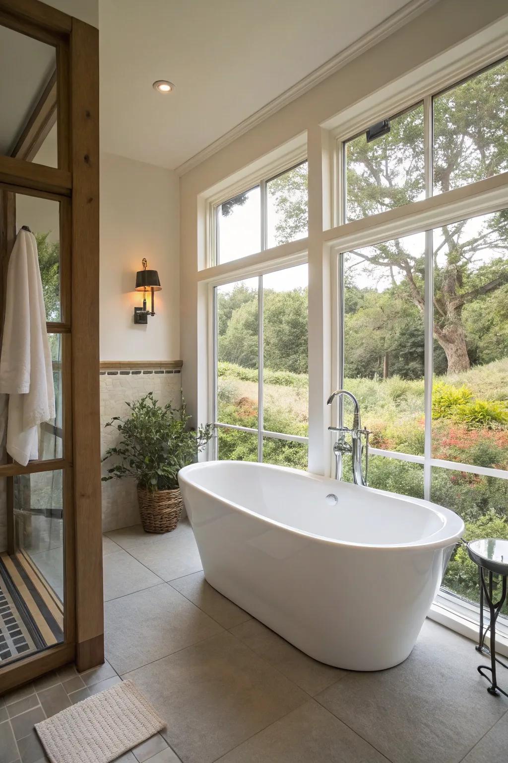 Allow a stand-alone tub to become the highlight of your soothing bathroom escape.