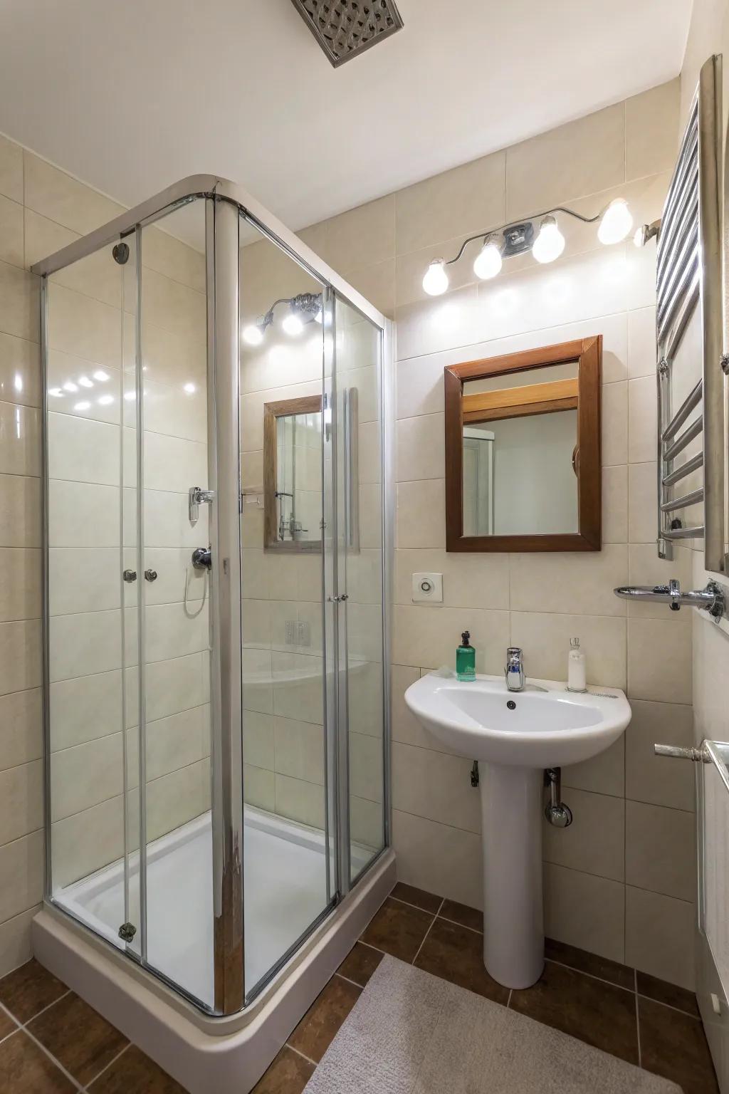 A compact bathroom configuration that maximizes the sense of openness through careful placement of fixtures.